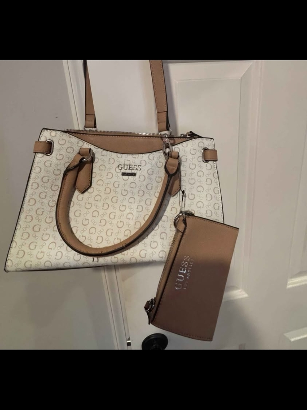 GUESS White & Taupe Logo Tote with Matching Wristlet